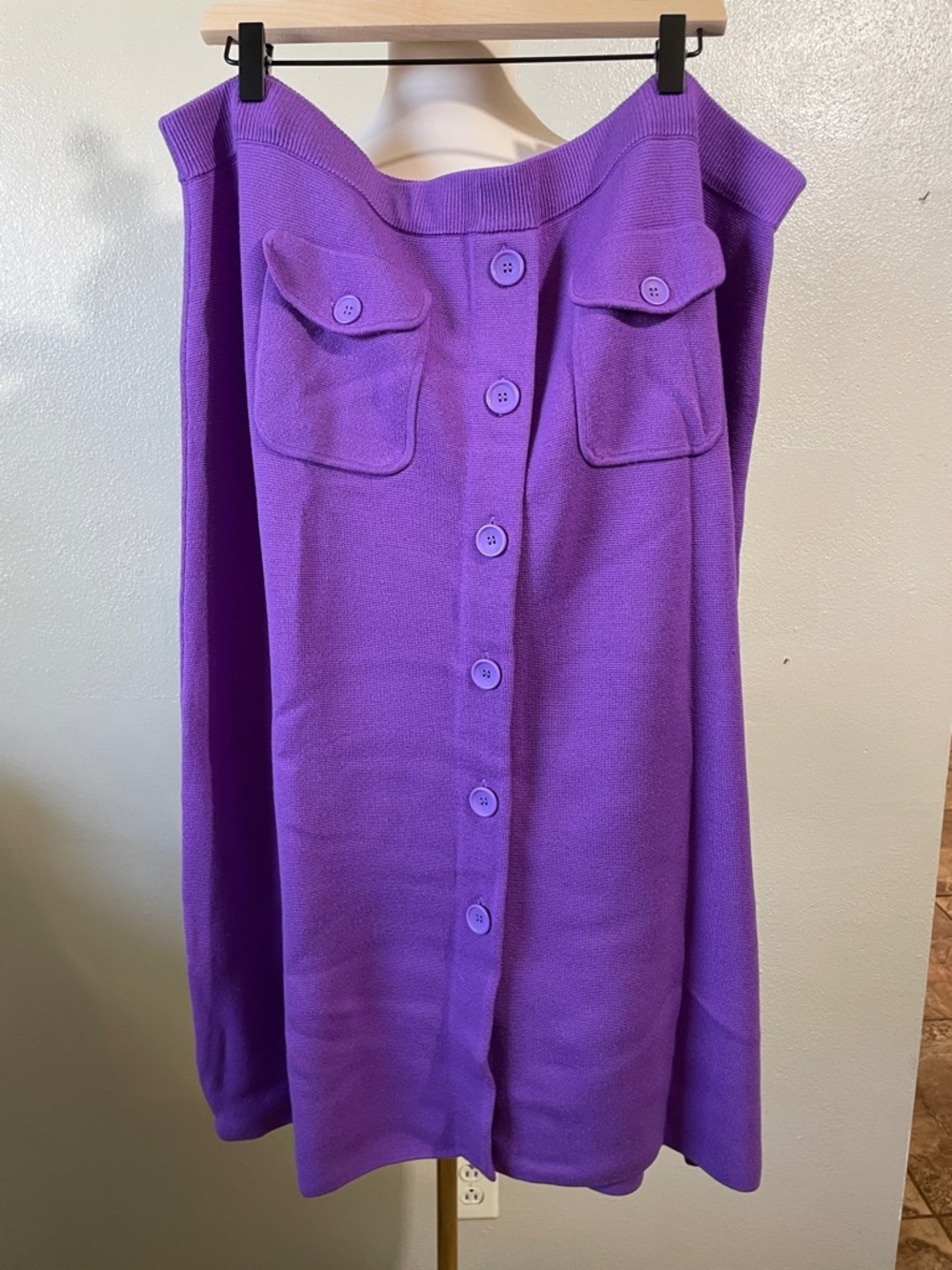 J.Crew Purple Merino Wool Knit Midi Skirt Size 3X Faux Button Asymmetrical Wooly